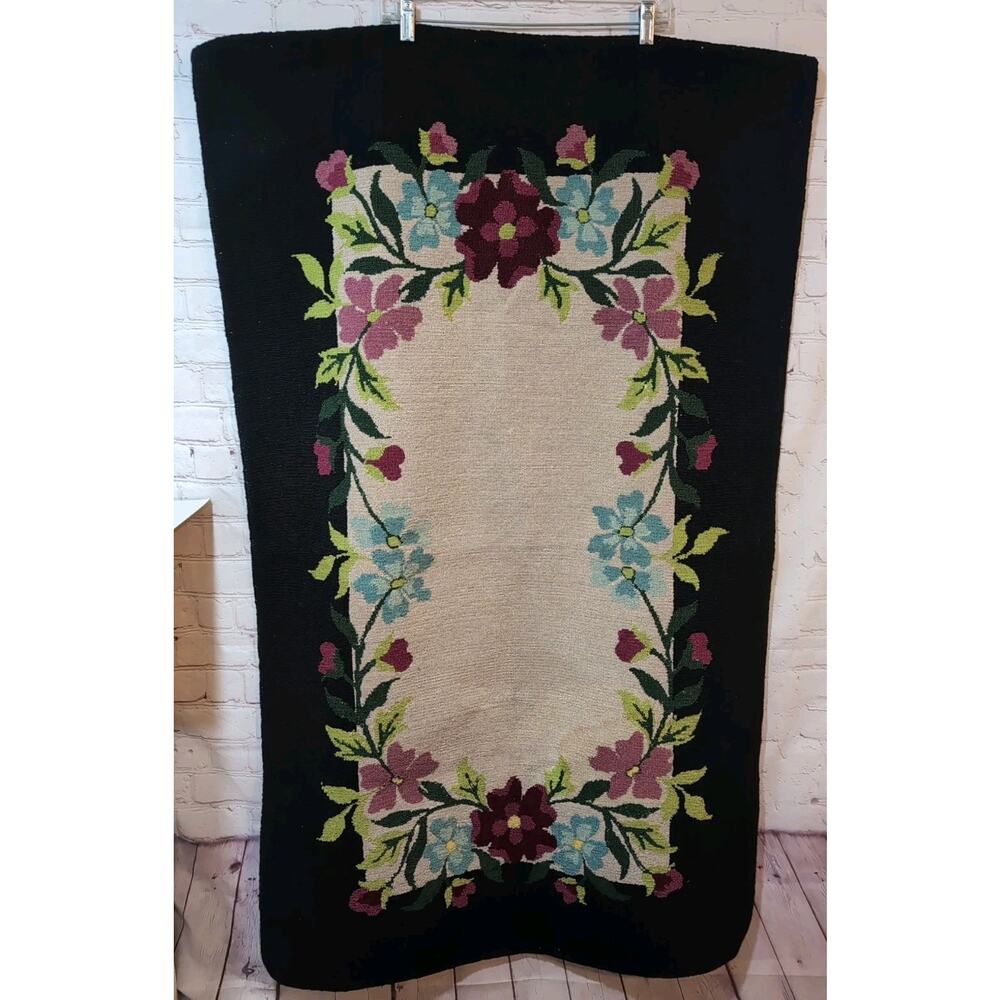 VTG Large Floral Needlepoint Rug 30" X 51" Bohemian Cottagecore Black Border